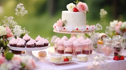 Obraz na płótnie Canvas Candy bar. White wedding cake decorated by flowers standing of festive table with deserts, strawberry tartlet and cupcakes. Wedding. Reception Tartlets