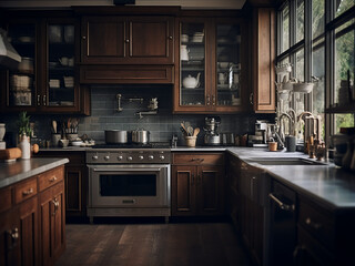 Dimly lit, big dark wood kitchen complemented by stylish furniture. AI Generation.