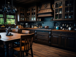 Large dim wood kitchen, roomy interior, elegant furniture design. AI Generation.