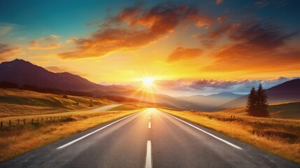 Fototapeta premium Empty long mountain road to the horizon on a sunny summer day at bright sunset