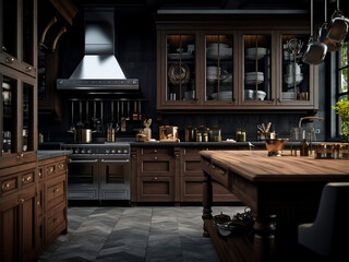 Extensive kitchen in dark wood, spacious interior, well-designed furniture. AI Generation.