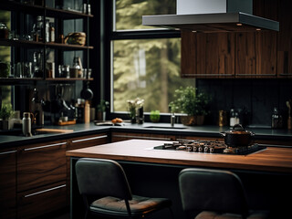 A big kitchen in dark wood, spacious interior, adorned with fine furniture. AI Generation.