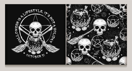 Seamless pattern, label with witch cauldron with potion, half skull, brooms, burning pentagram sign, wiccan signs, blades of grass, stars. Freaky, creepy illustration for Halloween holiday Not AI