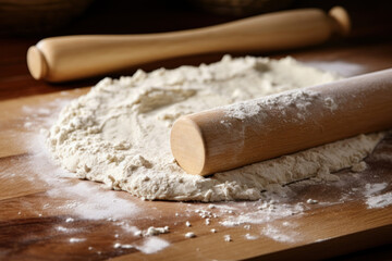Dough, flour and rolling pin on wooden table