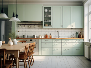 Contemporary big green kitchen with thoughtfully placed furniture. AI Generation.