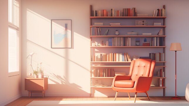 A sunlit study with bookshelves painted in gradient colors and a persimmon reading chair.