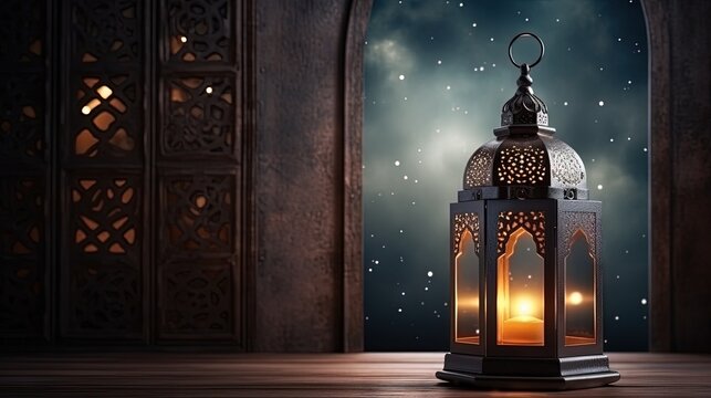 Islamic Greeting Cards for Muslim Holidays. Ramadan Kareem background.Eid Mubarak, greeting background with lantern.Mosque window