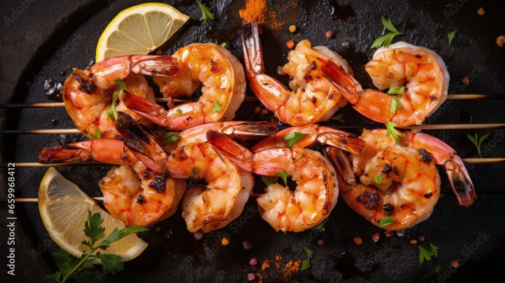 Poster grilled shrimps on skewers with lemon and garlic. seafood. on a stone background.