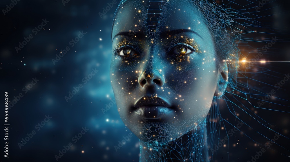 Poster Responsive web banner design with illustration of human face made by tiny particles between glowing digital network for Artificial Intelligence (AI) deep learning concept.