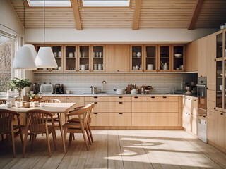 Spacious light wood kitchen with ample storage. AI Generation.