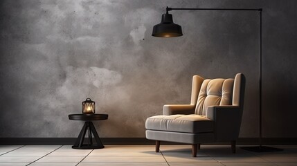 Comfortable armchair and lamp near wall with space for design. Stylish interior elements