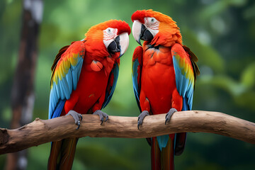 Obraz premium Pair of Macaws sitting together on a branch, wildlife photography. Generative AI