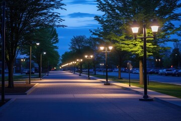 sidewalk lined with street lamps illuminating at dusk