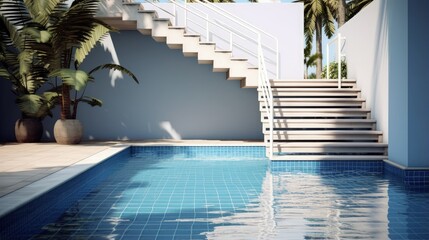 Swimming pool with stair and water pool at hotel. - obrazy, fototapety, plakaty