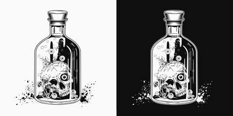 Hand drawn bottle of potion with half of human skull, eyeballs, mushrooms inside. Halloween creepy illustration in vintage style on white, black background. Not AI