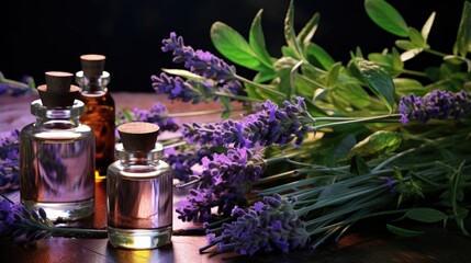 Obraz na płótnie Canvas Fresh mint, lavender leaves and bottles of essential oil for aromatherapy, alternate medicine and perfumery