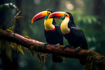 Pair of toucans sitting together on branch in the rain, wildlife photography. Generative Ai - obrazy, fototapety, plakaty