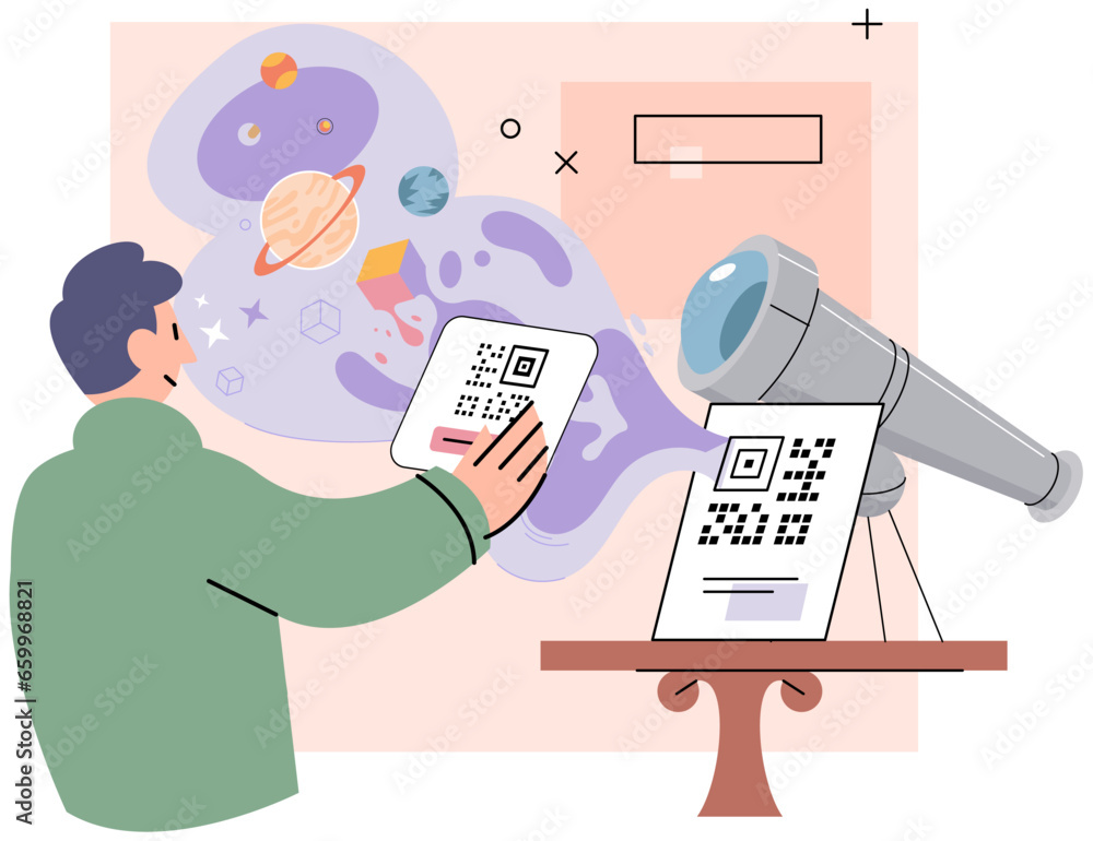 Poster man scanning qr code for payment via smartphone, concept of smart technology for internet and mobile