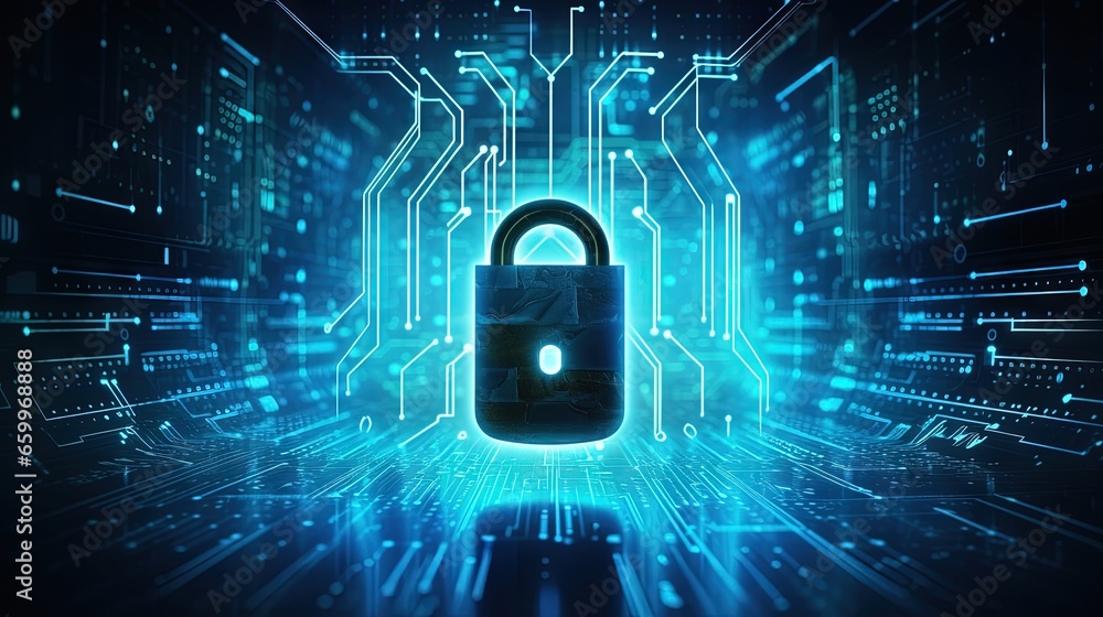 Aufkleber Cyber security concept: Shield With Keyhole icon on digital data background. Illustrates cyber data security or information privacy idea. Blue abstract hi speed internet technology.