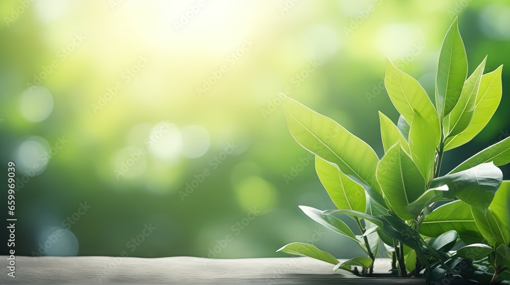 Poster beautiful nature view of green leaf on blurred greenery background in garden and sunlight with copy 