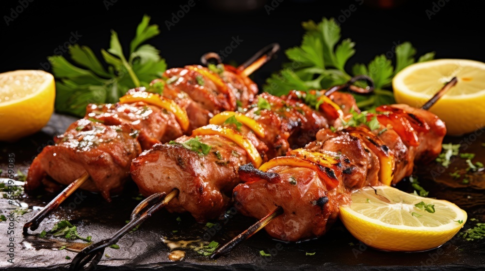 Poster grilled shrimps on skewers with lemon and garlic. seafood. on a stone background.