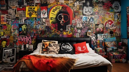 A teen's bedroom with graffiti art walls and a collage of colorful posters.