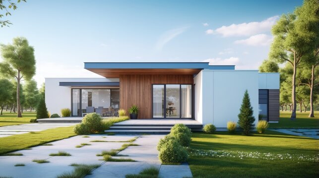 View of small modern house in minimal style with green lawn on blue sky background,Contemporary residence design. 3D rendering.
