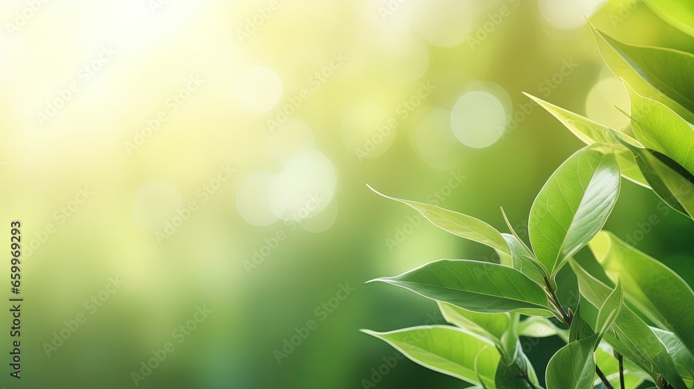 Poster beautiful nature view of green leaf on blurred greenery background in garden and sunlight with copy 