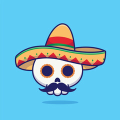 Cute calavera sugar skull mexican hat cartoon vector illustration day of the dead concept icon isolated