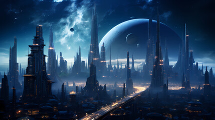 Futuristic cities skyline in the night time, sci-fy style. Generative AI - obrazy, fototapety, plakaty