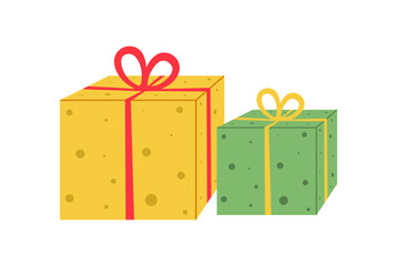 Holiday gift boxes. Christmas present packed in paper yellow and green color with peas. Traditional surprise in package, giftbox with string bow. Colorful flat vector illustration