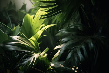 Nature and plants concept. Soft light shadows of tropical leaves and foliage background. Dense tropical dark greenery indoors background with copy space. Generative AI