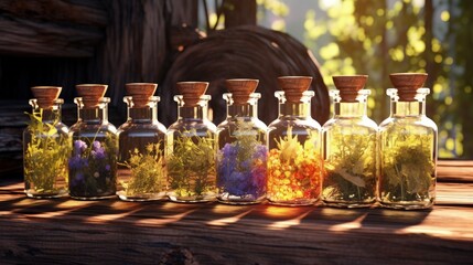 Bottles of tincture or infusion of healthy medicinal herbs and healing plants on wooden table. Herbal medicine. - obrazy, fototapety, plakaty
