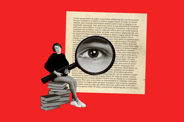 Creatve collage banner poster of lady hold magnifying glass reading book from bookstore buy on...