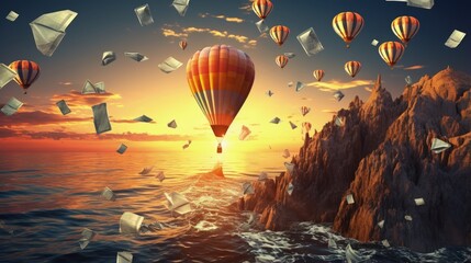 Obraz premium Paper boat dollars with balloons flies over a cliff with rocks at sunset. Economy, business, success and startup, concept. Deposits and insurance, creative idea. World financial crisis