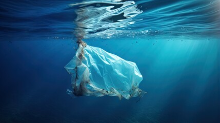 Underwater pollution:- A discarded plastic carrier bag drifting in a tropical, blue water ocean - obrazy, fototapety, plakaty