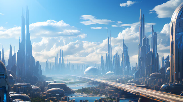 horizon shot of a futuristic city with huge sky scrappers, in the day time. Generative Ai
