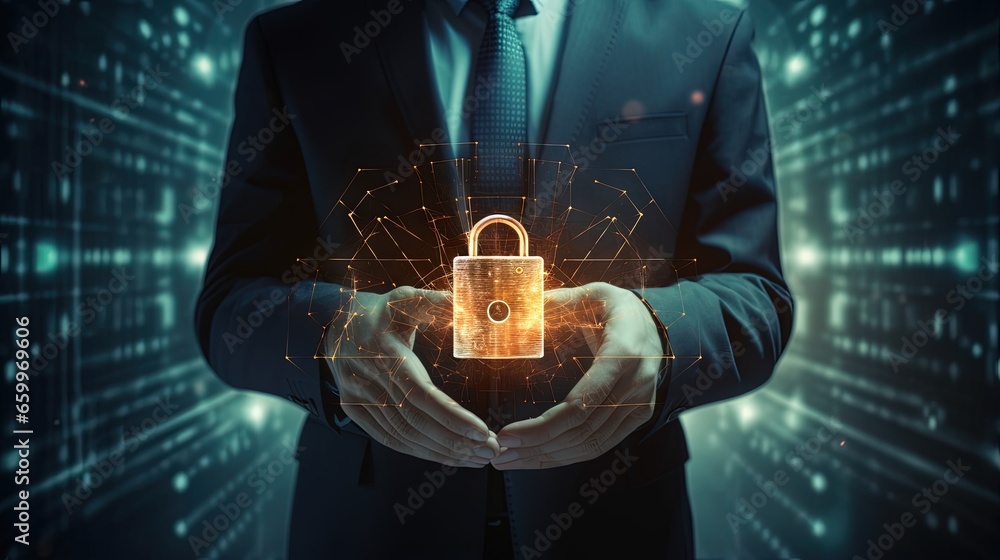 Aufkleber Cyber security and data protection. Businessman hold padlock protecting business and financial data with virtual network connection. Innovation technology develop smart solution from cyber attack.