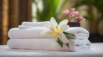 Fototapeta na wymiar Spa, service hotel and resort concept. White towels and fresh flowers.