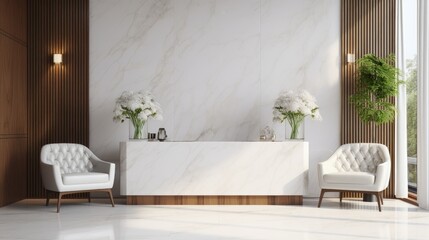 Luxury and elegance beauty salon or office reception area interior design with luxury marble reception counter, armchairs against wood plank wall, white marble wall. 3d render, 3d illustration