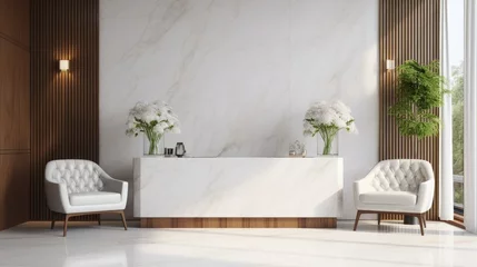 Papier Peint photo Salon de beauté Luxury and elegance beauty salon or office reception area interior design with luxury marble reception counter, armchairs against wood plank wall, white marble wall. 3d render, 3d illustration