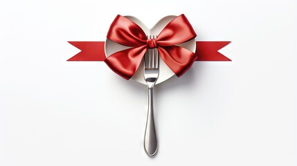 Silverware tied up with red ribbon in heart shape isolated on white background. Concept Valentines Day dinner. Restaurant party celebration