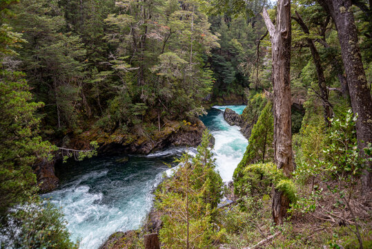 Top view of the Los Alerces waterfall surrounded by larches, Fitzroya cupressoides, and coihues, Nothofagus dombeyi, fed by the Manso River that flows into the Pacific Ocean, in Chile.