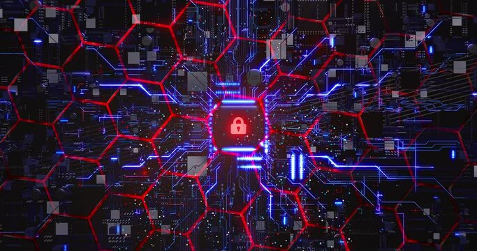 Secure AI Computer System. High Tech Network Security. Lock Symbol. Technology Related 3D 4K Abstract Animation.