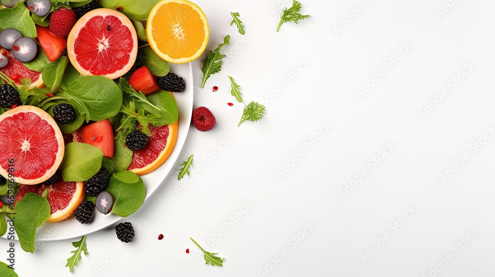 Poster fresh salad with fruits and greens on white background top view with space for text. healthy food.