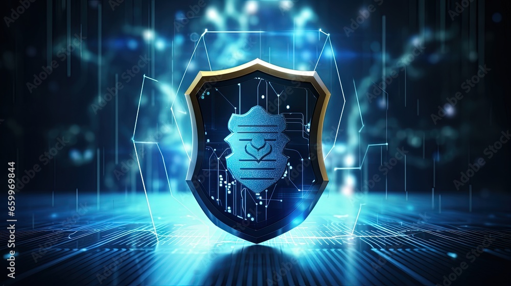 Leinwandbilder Cyber Security, Digital Data Network Protection, Future Technology Digital Data Global Network Connection Background Concept with Shield Icon. 3d rendering