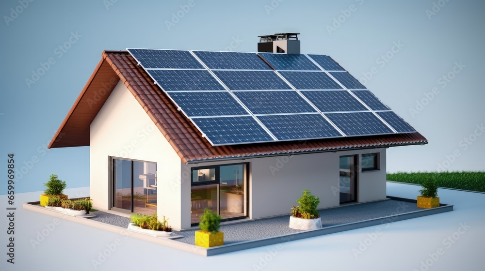 Sticker new ecologic house with solar panels alternative to conventional energy. the battery is charged from