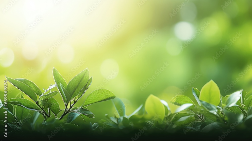 Poster beautiful nature view of green leaf on blurred greenery background in garden and sunlight with copy 
