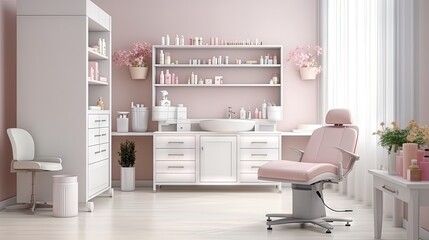 Bright empty cosmetology cabinet in modern beauty clinic. Interior of beautician room in aesthetic medicine salon. Medical office of dermatologist specialist. Cosmetic, skincare saloon treatment.