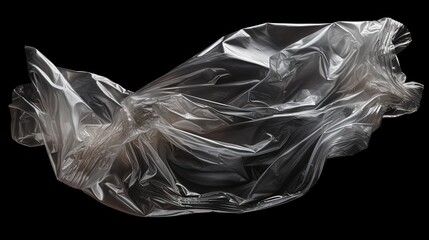 Transparent plastic wrap on the black background. Plastic bag texture. Reusable trash and waste. - obrazy, fototapety, plakaty